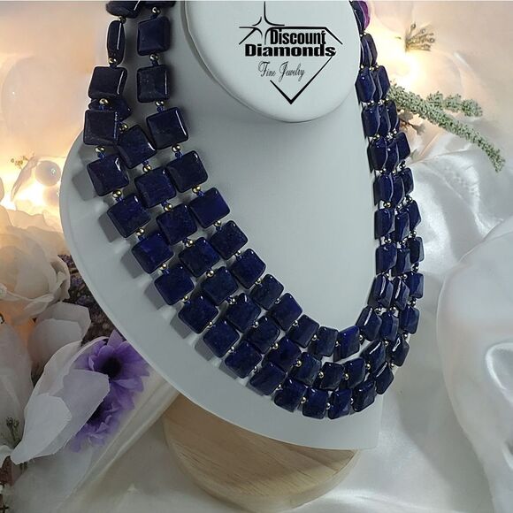 Natural Deep Blue Lapis Lazuli 12mm Flat Square Triple Strand Necklace 14K Gold - Picture 9 of 9